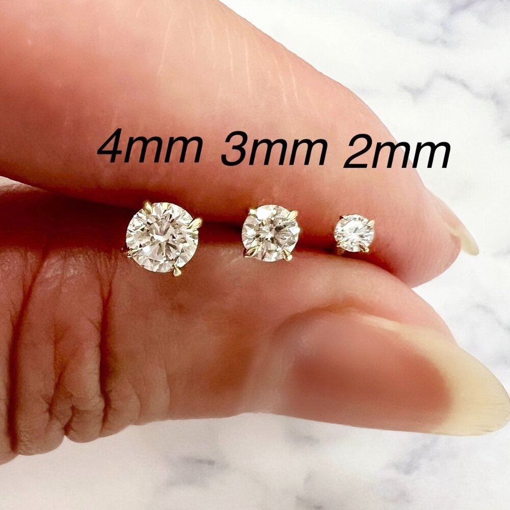 4mm Diamond Stud Earrings 14K Gold, VVS EF Lab Diamond, Solid Yellow Gold Studs